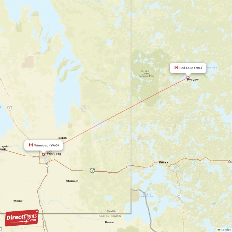 Winnipeg - Red Lake direct flight map