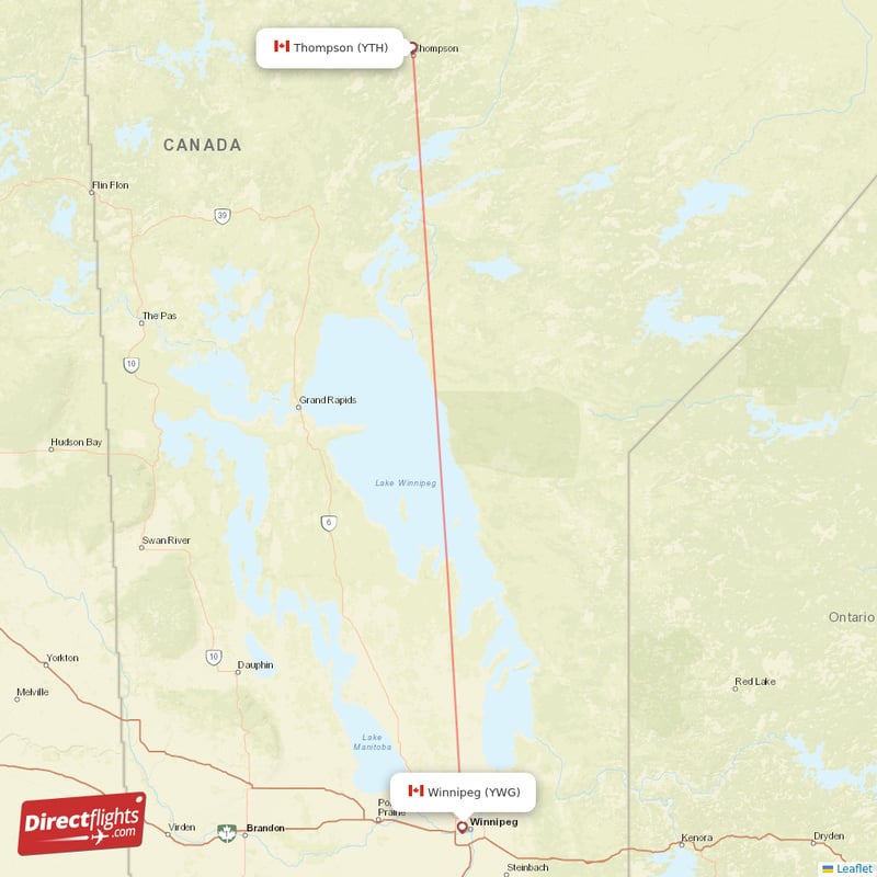 Winnipeg - Thompson direct flight map