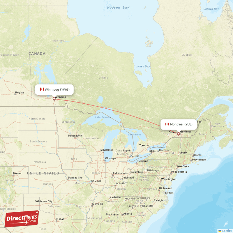Winnipeg - Montreal direct flight map