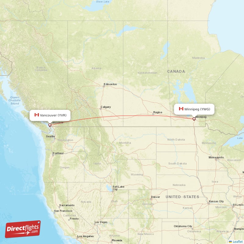 Winnipeg - Vancouver direct flight map