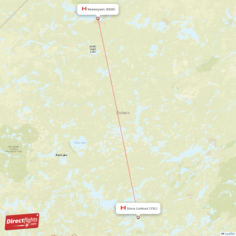 Keewaywin - Sioux Lookout direct flight map