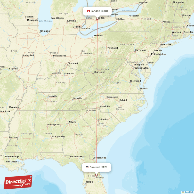 London - Orlando direct flight map