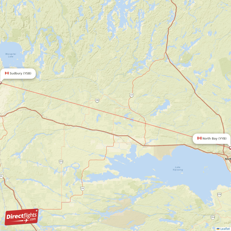 North Bay - Sudbury direct flight map