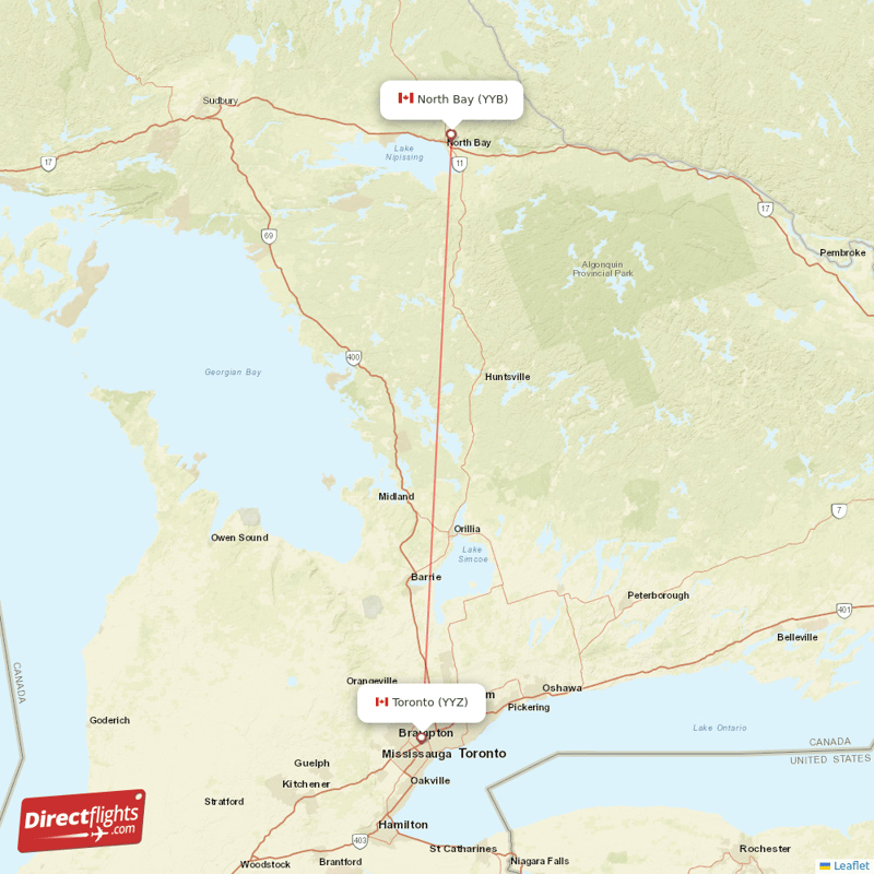 North Bay - Toronto direct flight map