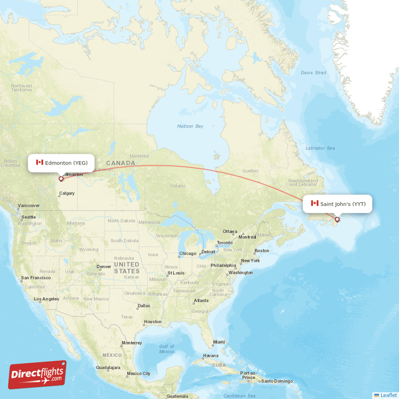 St. John's - Edmonton direct flight map