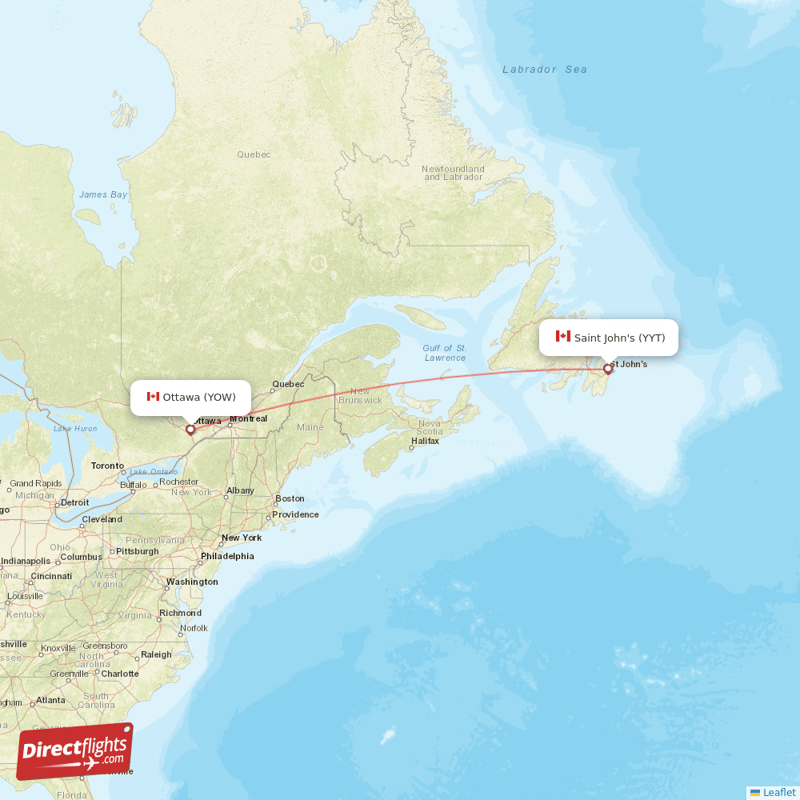 St. John's - Ottawa direct flight map