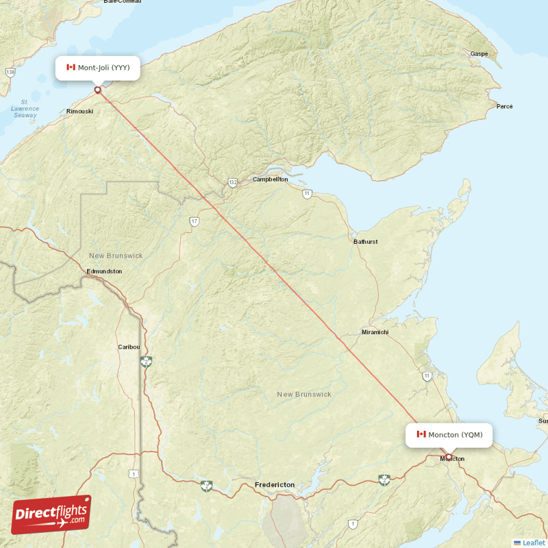 Mont Joli - Moncton direct flight map