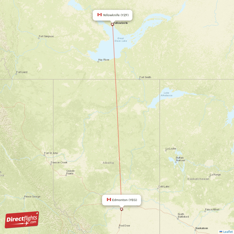 Yellowknife - Edmonton direct flight map