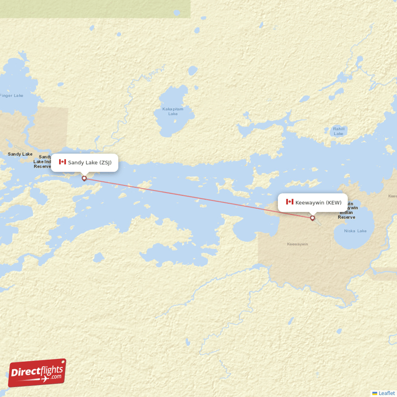 Sandy Lake - Keewaywin direct flight map